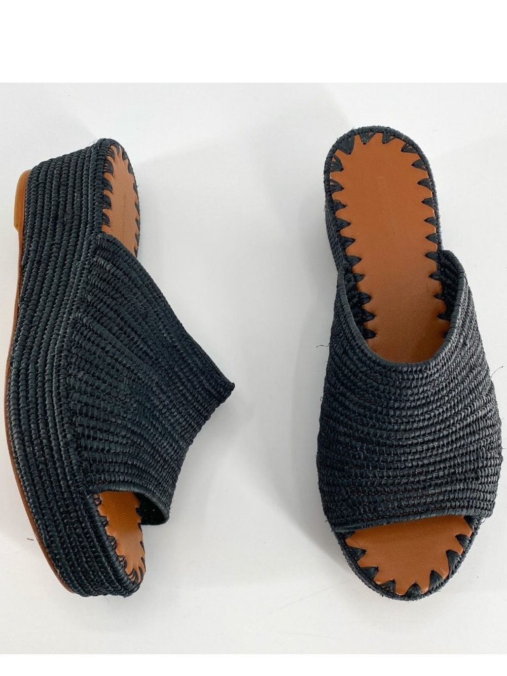 CARRIE FORBES Karim Woven Raffia Wedge Slide Sandals in Negro Black NWT!
